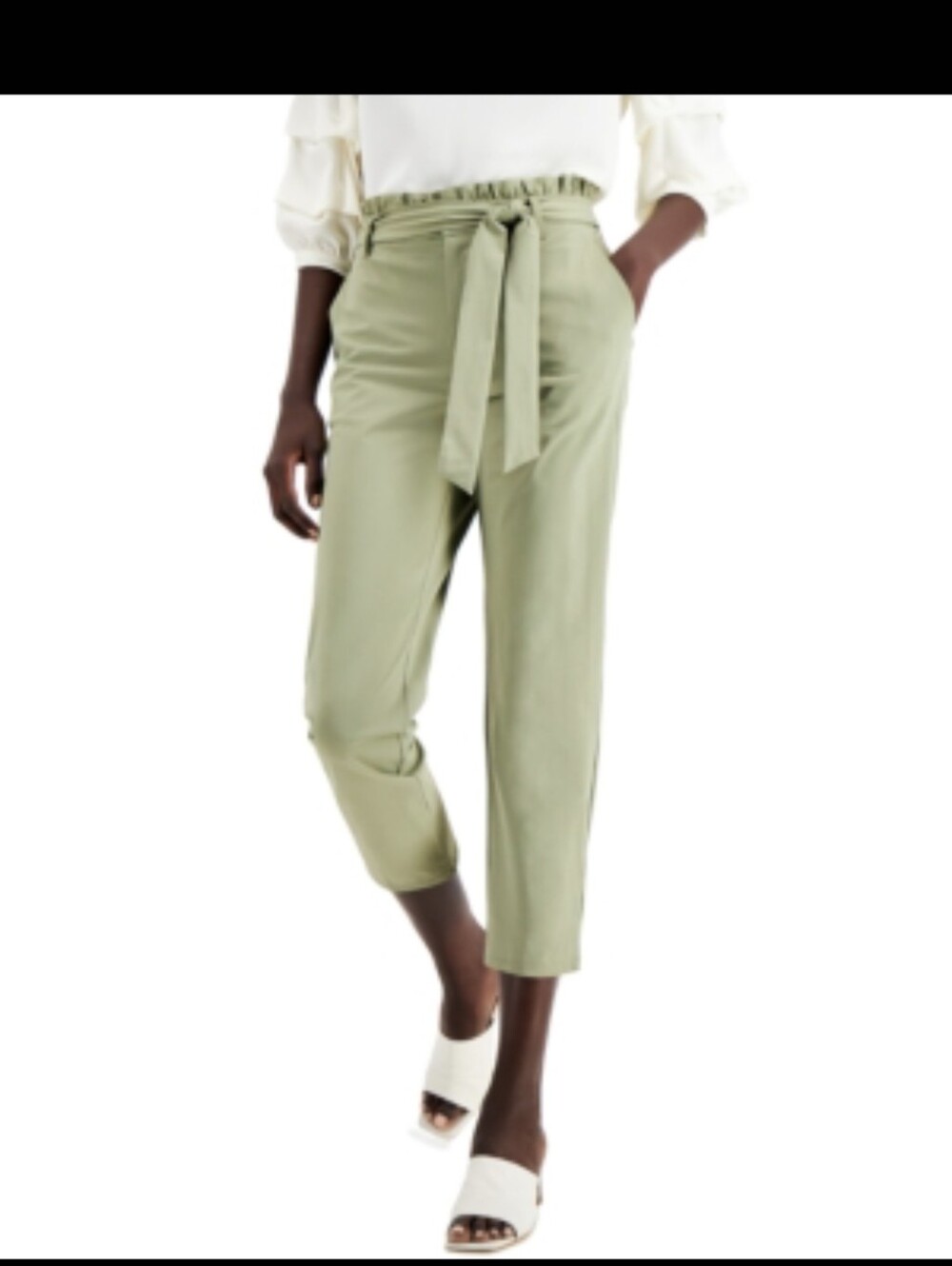 High-Rise Paperbag Tie-Waist Cropped Pants - Sage Green Sz Medium